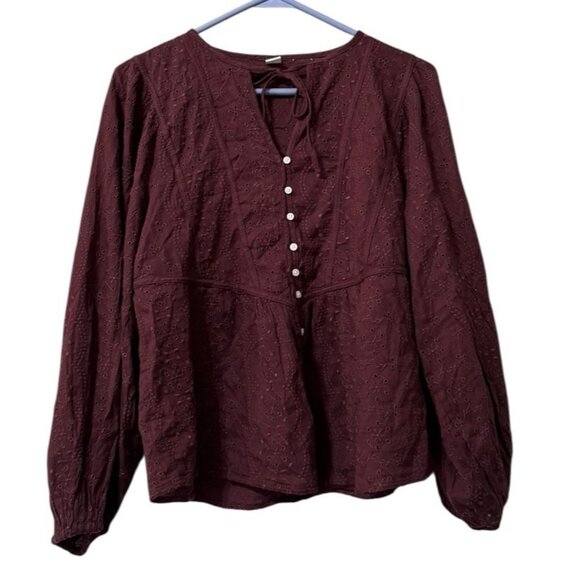 Old Navy Top Women Small Maroon Embroidered Eyelet Long Sleeve Peasant Boho - Picture 1 of 14